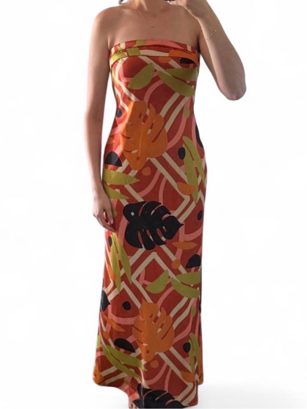 Tropical Strapless Maxi Dress in Orange & Olive